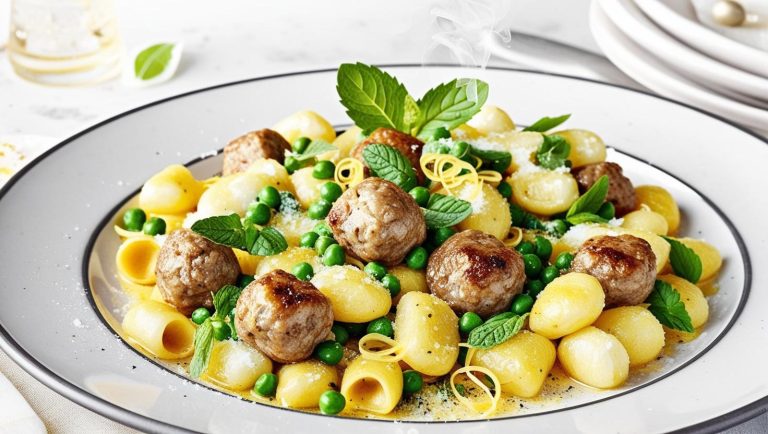 Νιόκι με μίνι Κεφτεδάκια, Αρακά και Μέντα