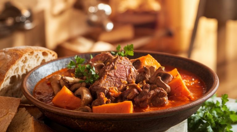 Πικάντικο αρνί με γλυκοπατάτα και μανιτάρια