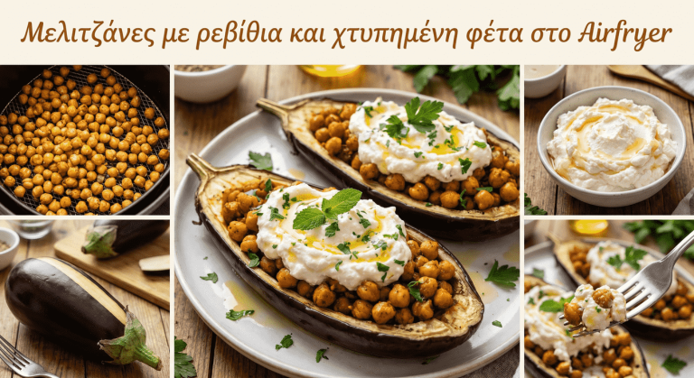 Μελιτζάνες με ρεβίθια και χτυπημένη φέτα