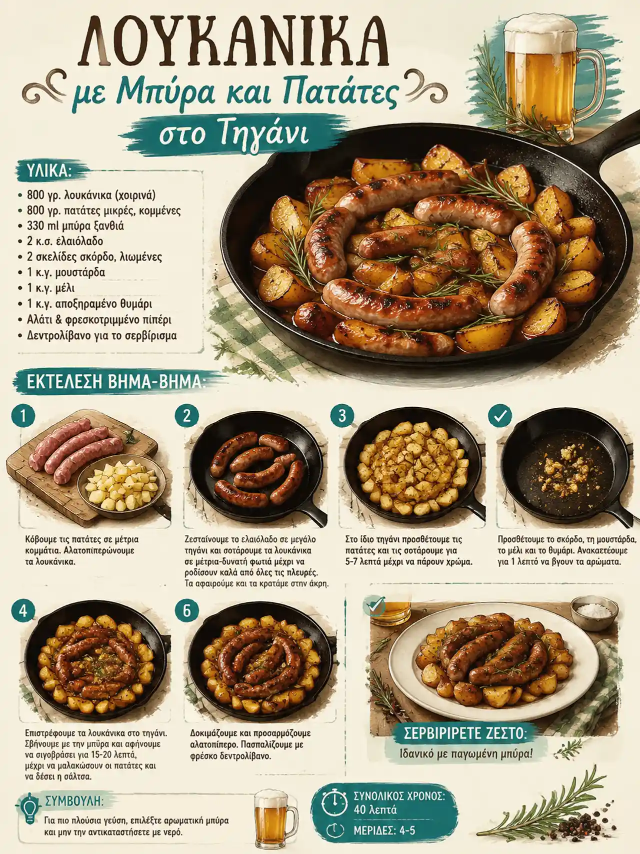 Λουκάνικα με Μπύρα και Πατάτες στο Τηγάνι 