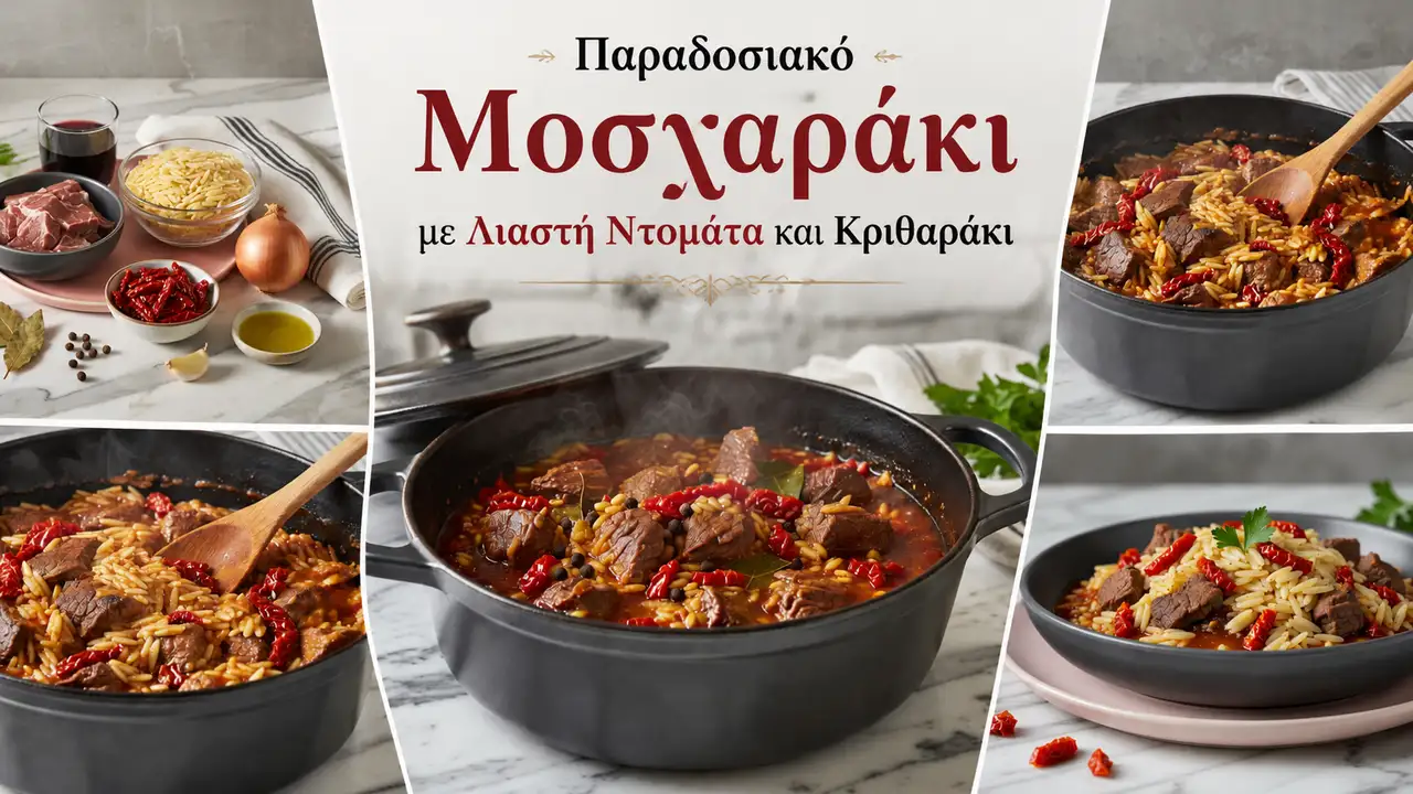 Παραδοσιακό Μοσχαράκι με Λιαστή Ντομάτα και Κριθαράκι