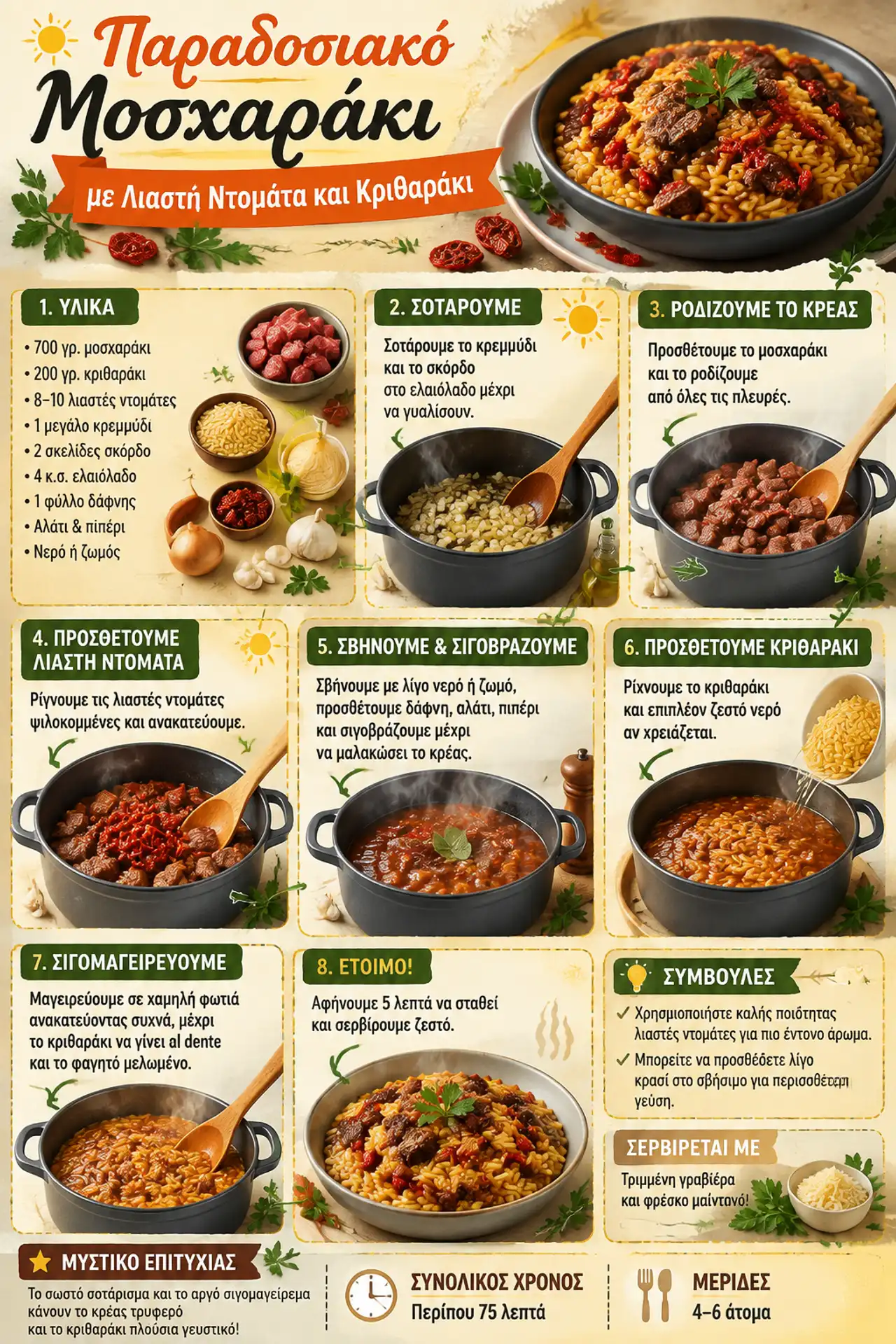 Μοσχαράκι με Λιαστή Ντομάτα και Κριθαράκι