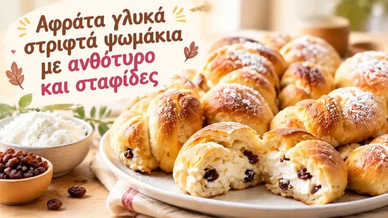 Αφράτα γλυκά στριφτά ψωμάκια με ανθότυρο και σταφίδες